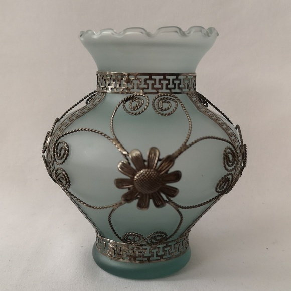 Very Sweet Vintage Blue Gray Satin Glass Vase with Lovely Metal Overlay Design - Picture 1 of 5
